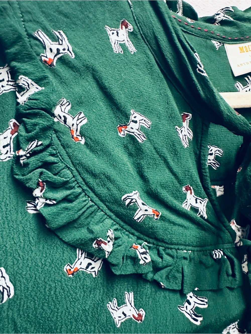 Anthropologie Maeve Adagio Dog Print Green Ruffled Bow-tie Blouse XL Animal Boho - Picture 3 of 7